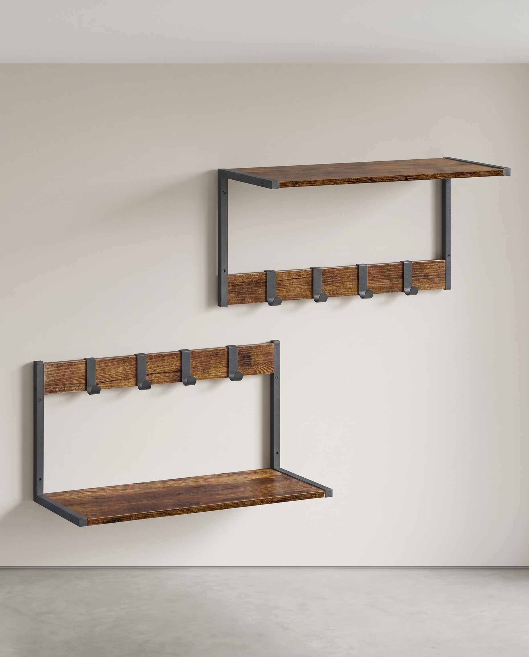 2er Set Wandregale - Schweberegale - 24 cm tief - mit Haken - für Wohnzimmer, Küche, Bad oder Schlafzimmer - Gesamttragkraft 35 kg – braun