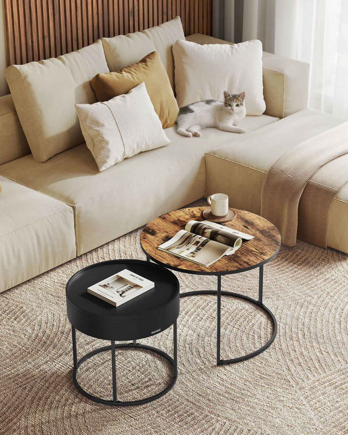 Rundes Couchtisch-Set, 2-teilig – Satztische – Beistelltische mit Stauraum – Moderne Holztische mit Stahlgestell