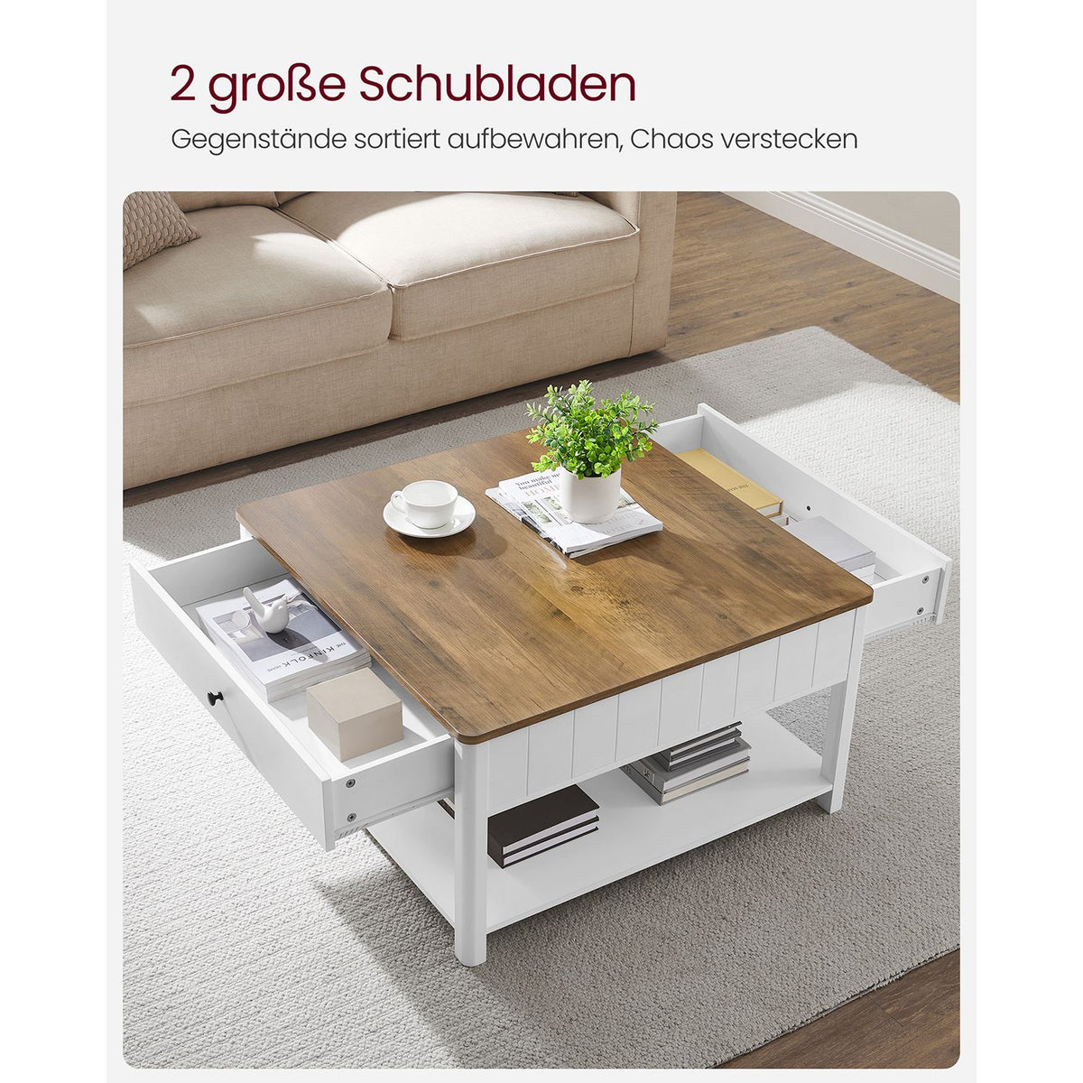Couchtisch mit Schublade - Braune Tischplatte - Weißes Gestell - Kaffeetisch - 80 x 80 cm