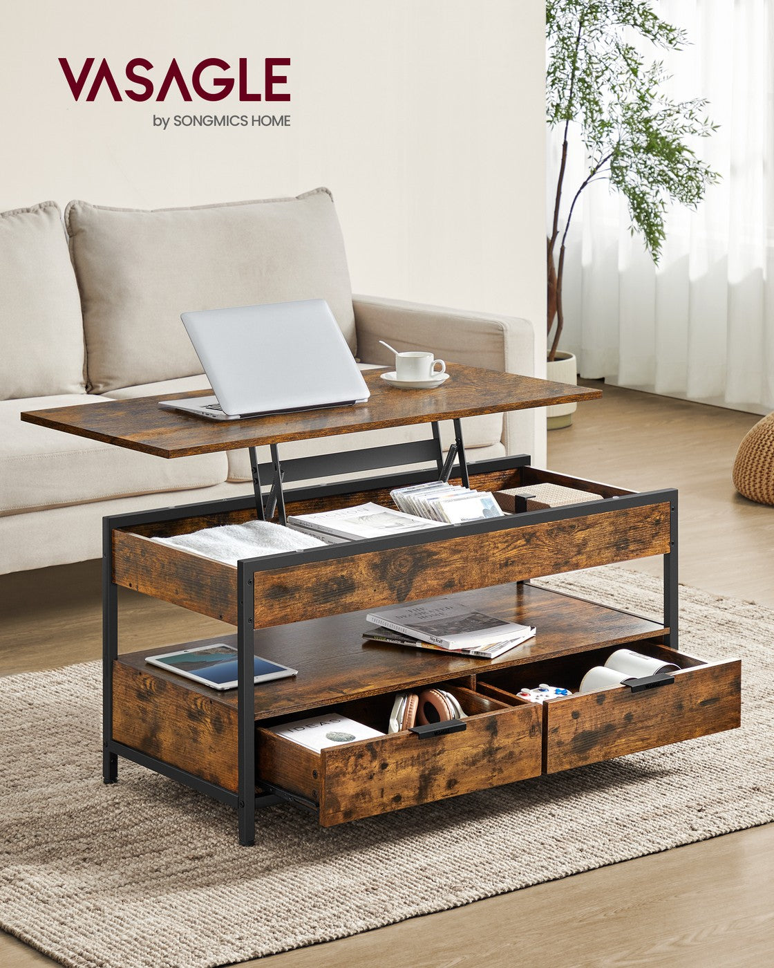 Couchtisch mit verstellbarer Tischplatte – Industriedesign – 100 cm breit – mit Stauraum