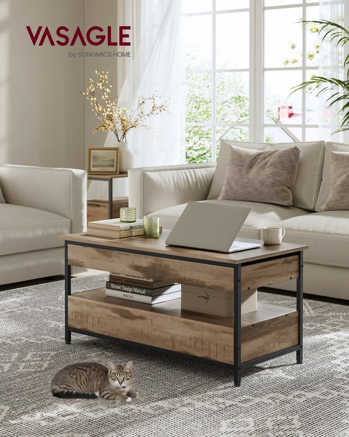 Couchtisch mit verstellbarer Tischplatte – Industriedesign – 100 cm breit – mit Stauraum