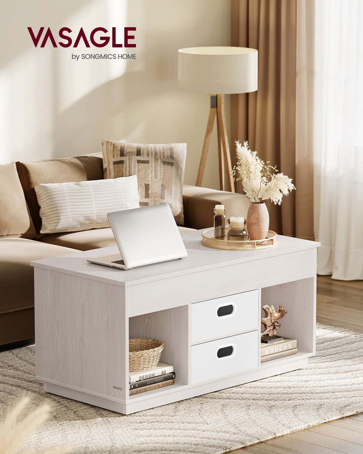 Couchtisch mit Hubfunktion – Moderner Couchtisch mit verstellbarer Tischplatte – Versteckter Stauraum & Schubladen – 100 cm – Holz & Stahl