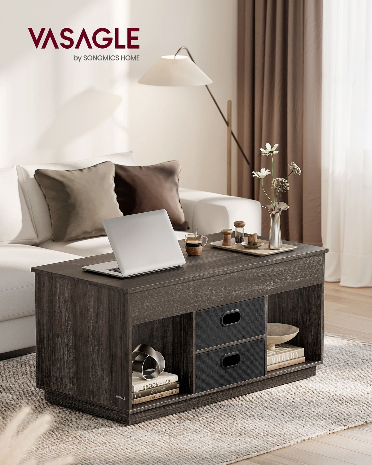 Couchtisch mit Hubfunktion – Moderner Couchtisch mit verstellbarer Tischplatte – Versteckter Stauraum & Schubladen – 100 cm – Holz & Stahl