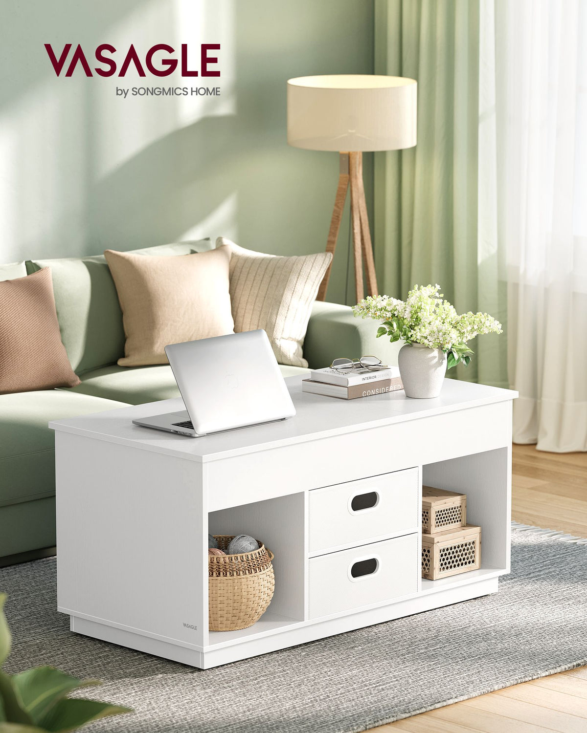 Couchtisch mit Hubfunktion – Moderner Couchtisch mit verstellbarer Tischplatte – Versteckter Stauraum & Schubladen – 100 cm – Holz & Stahl
