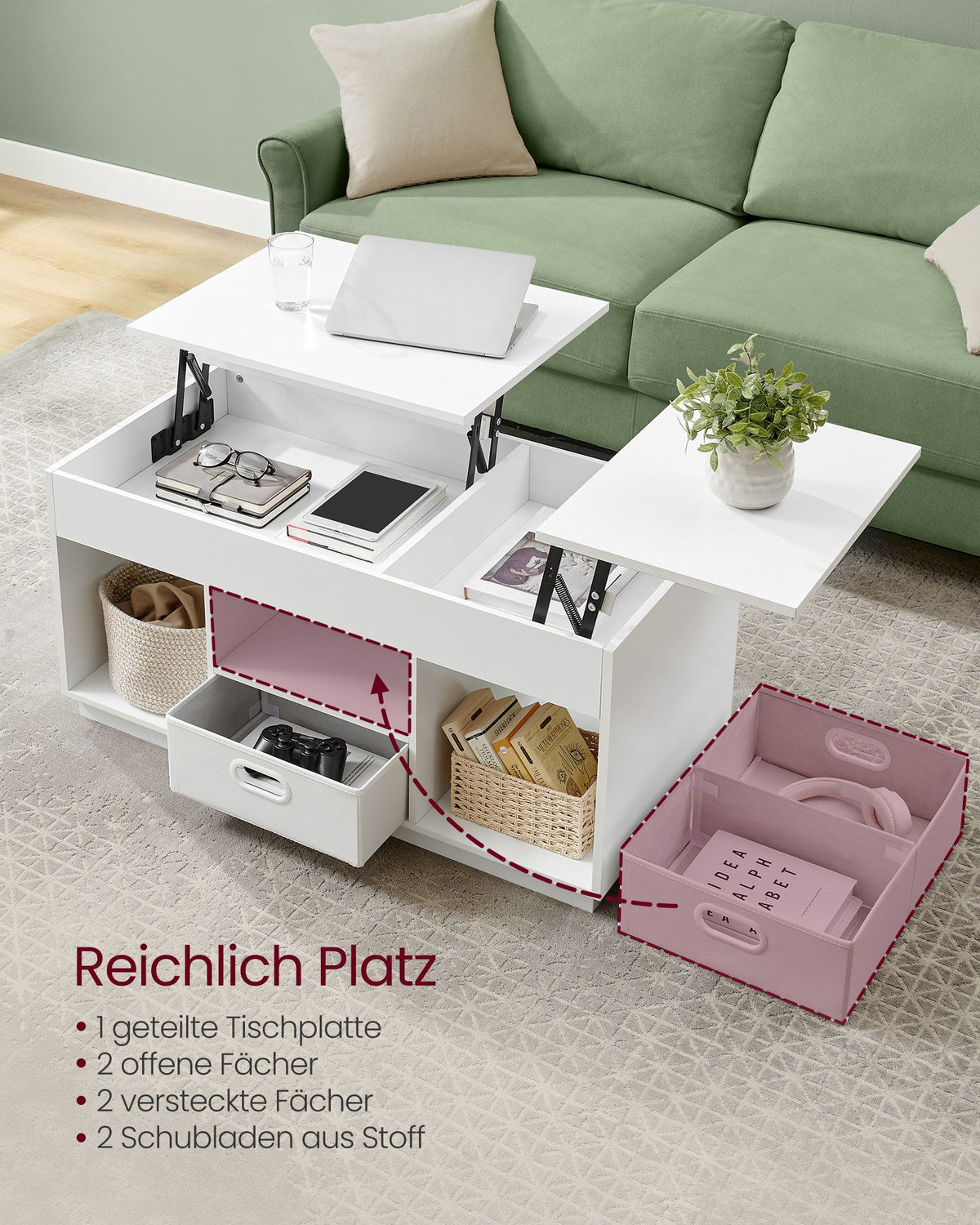 Couchtisch mit Hubfunktion – Moderner Couchtisch mit verstellbarer Tischplatte – Versteckter Stauraum & Schubladen – 100 cm – Holz & Stahl