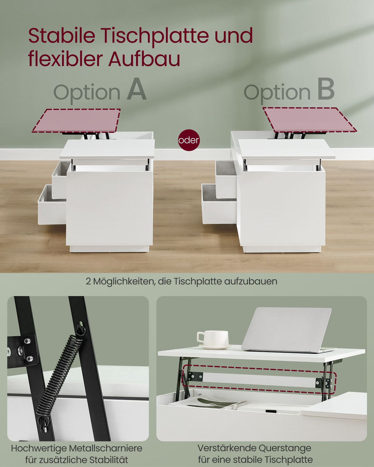 Couchtisch mit Hubfunktion – Moderner Couchtisch mit verstellbarer Tischplatte – Versteckter Stauraum & Schubladen – 100 cm – Holz & Stahl