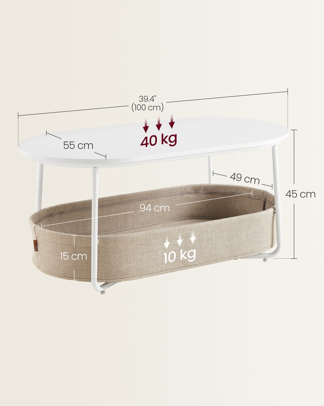 Couchtisch – Oval – Stauraum – Stahl und Spanplatte