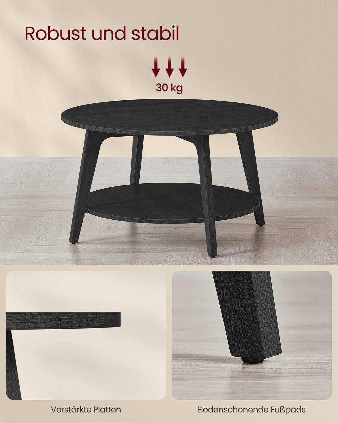 Couchtisch – 2 Ebenen – Spanplatte und MDF – Einfache Montage – 80 cm Rund