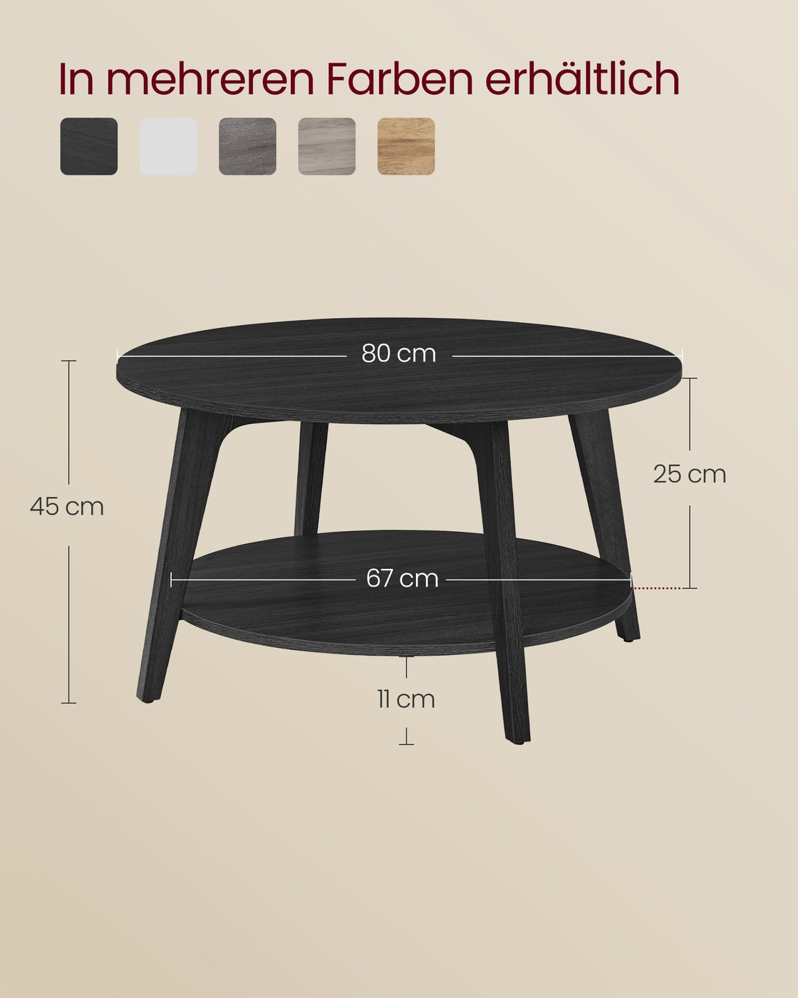 Couchtisch – 2 Ebenen – Spanplatte und MDF – Einfache Montage – 80 cm Rund