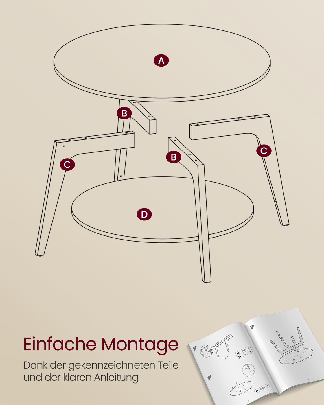 Couchtisch – 2 Ebenen – Spanplatte und MDF – Einfache Montage – 80 cm Rund