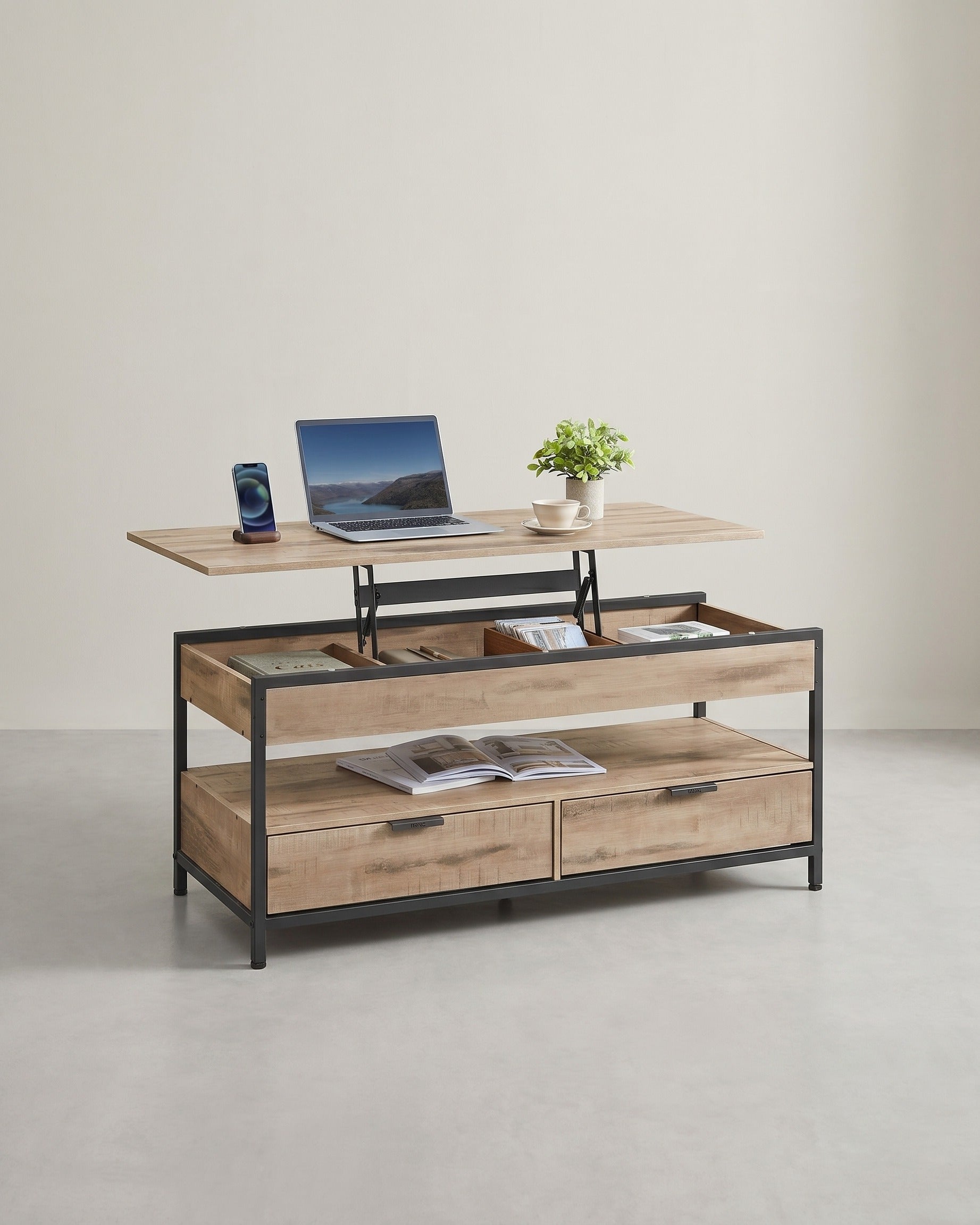 Verstellbarer Couchtisch im Industriestil mit anhebbarer Platte – 120 x 50 cm – Mit Schubladen und verstecktem Stauraum – Hellbraun