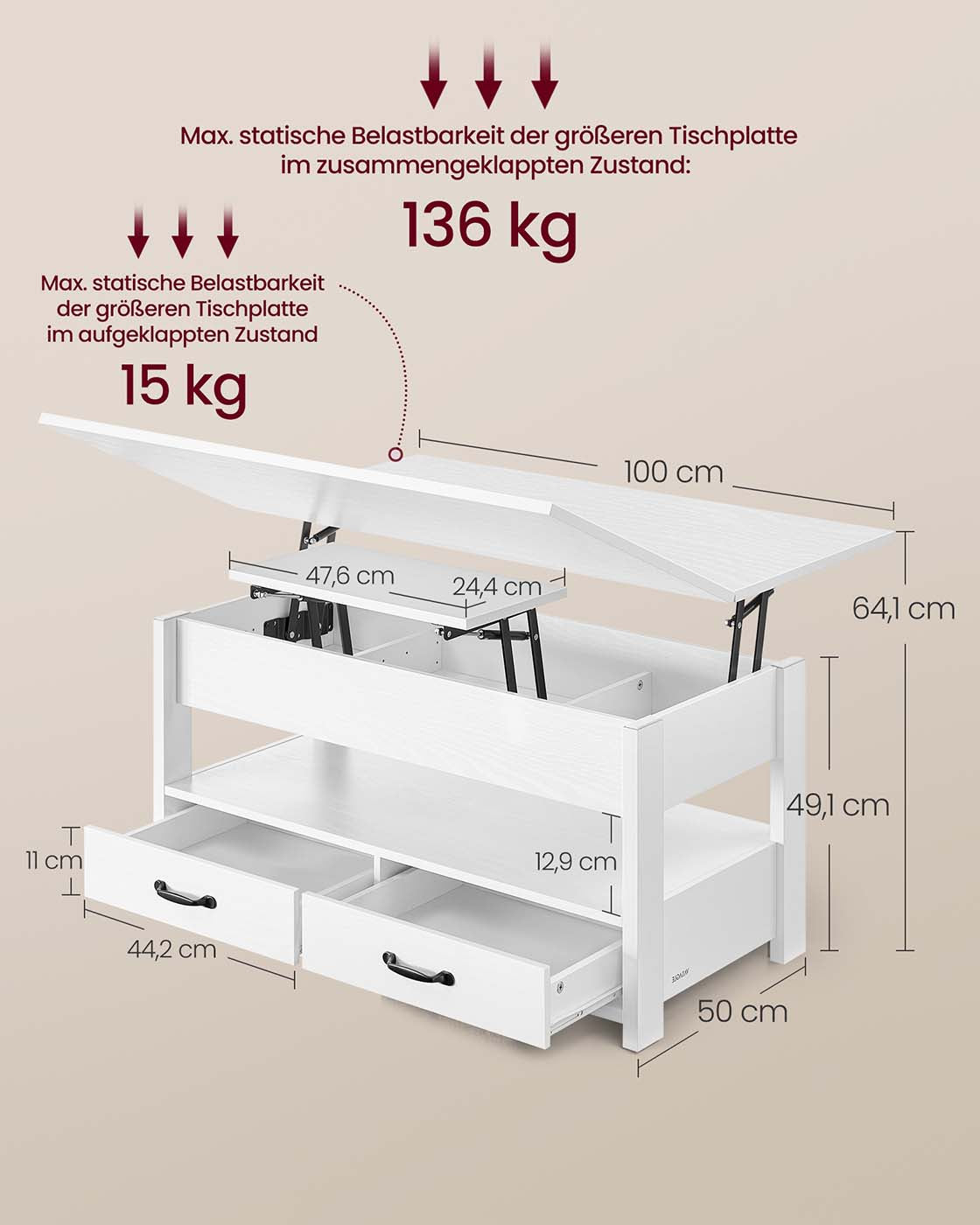 Couchtisch mit Klappplatte und verstecktem Stauraum – Multifunktional, verstellbar und modernes Design – 100 cm breit