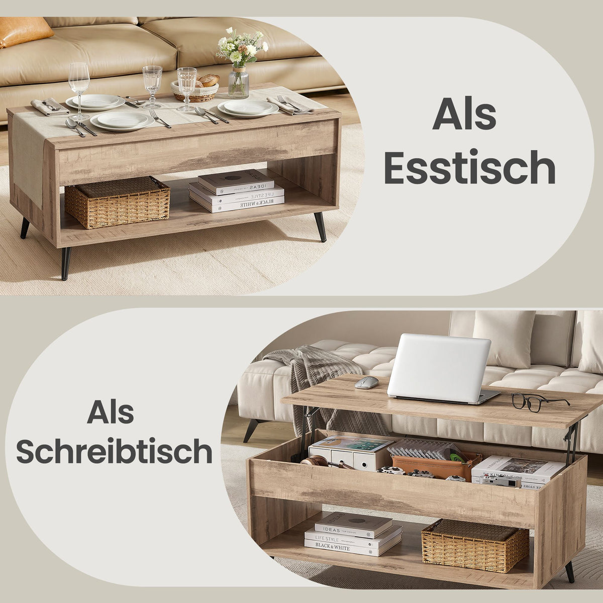 Couchtisch Höhenverstellbar - Mit Versteckten Fach Und Klappbarer Platte - Für Das Wohnzimmer