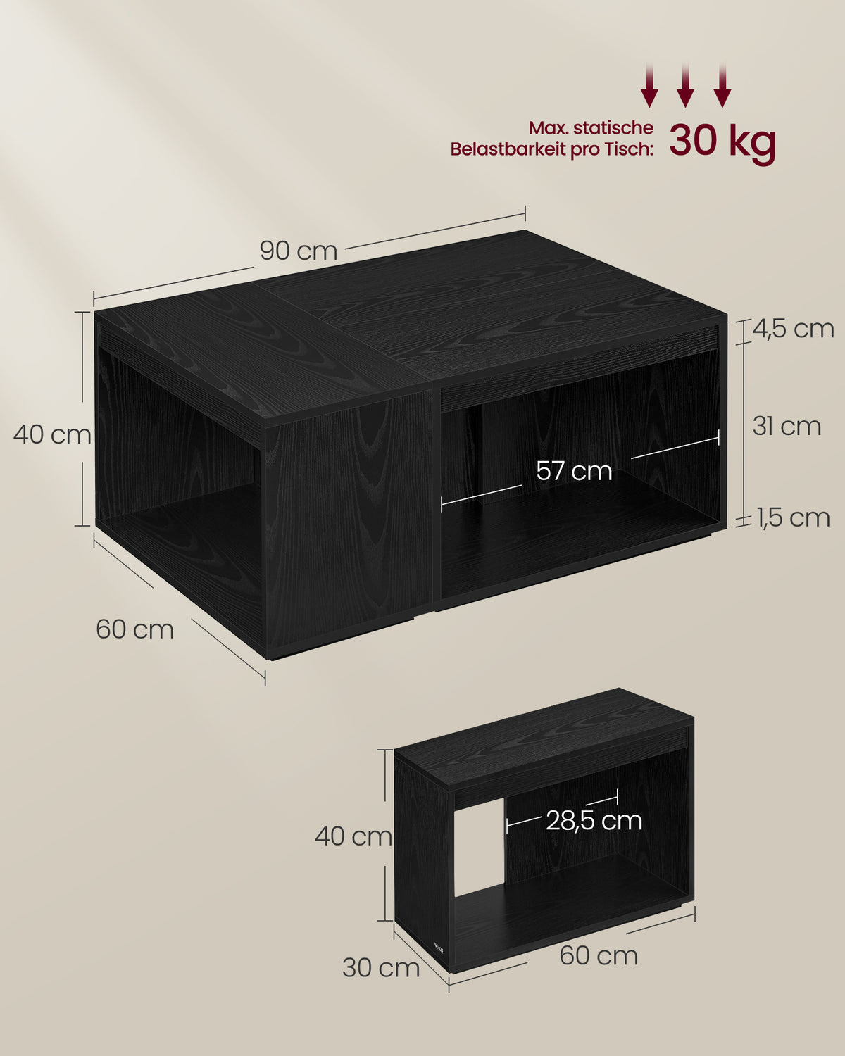 3-teiliges Couchtisch-Set – Moderne Beistelltische – Flexible Kombinationsmöglichkeiten – Mit zusätzlichem Stauraum – Holzoptik
