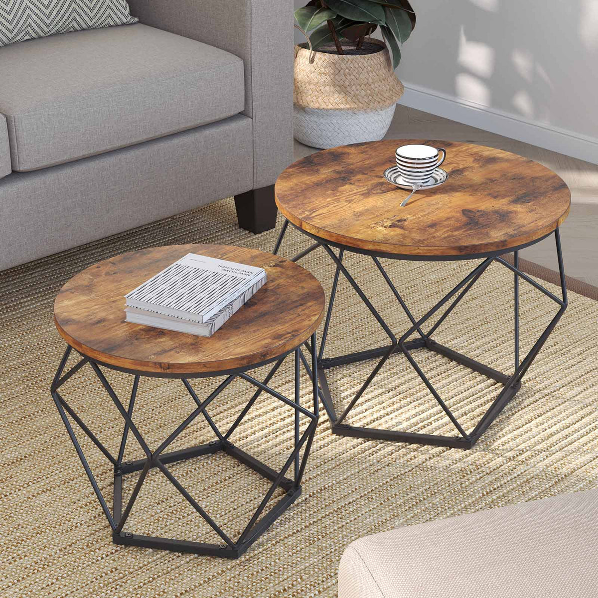 Set von 2 Couchtischen – Industrielles Design – Rund – Metall & Holzoptik