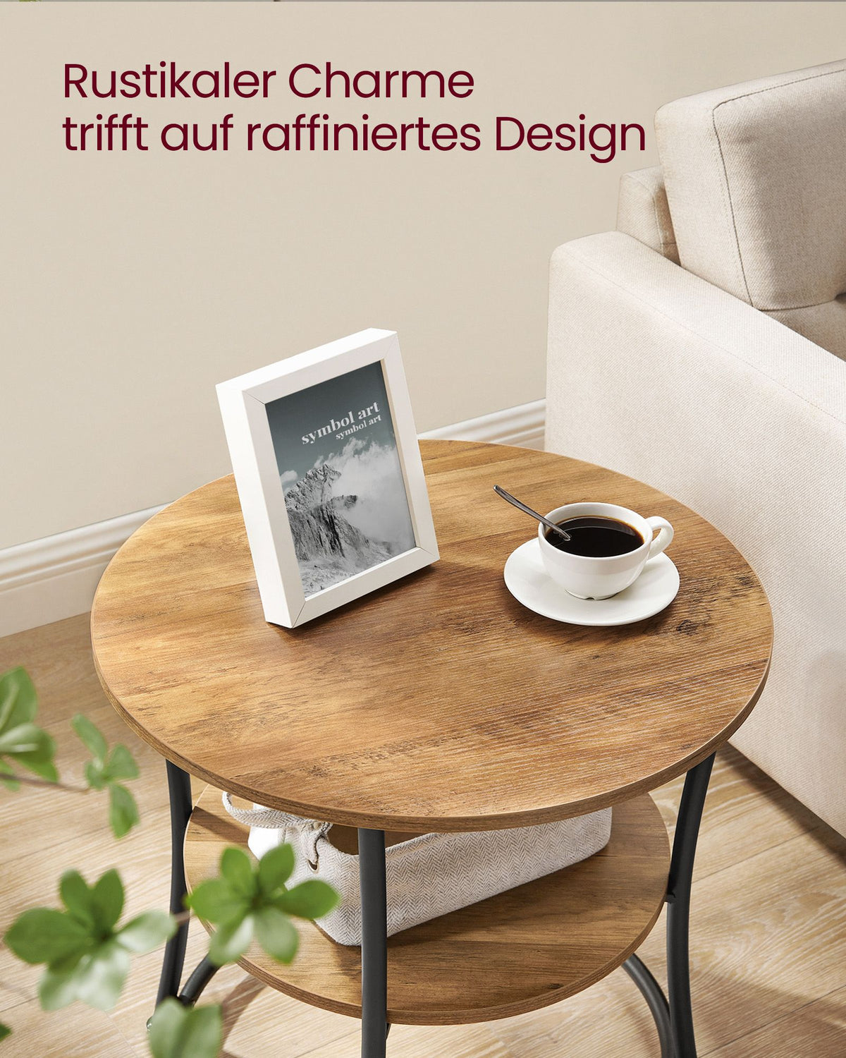 Runder Beistelltisch Walnussbraun-Schwarz – 2 Ebenen – Verstellbare Beine – 55 cm Durchmesser