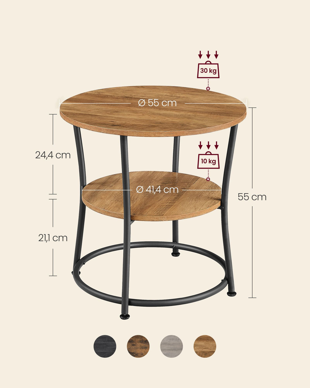 Runder Beistelltisch Walnussbraun-Schwarz – 2 Ebenen – Verstellbare Beine – 55 cm Durchmesser