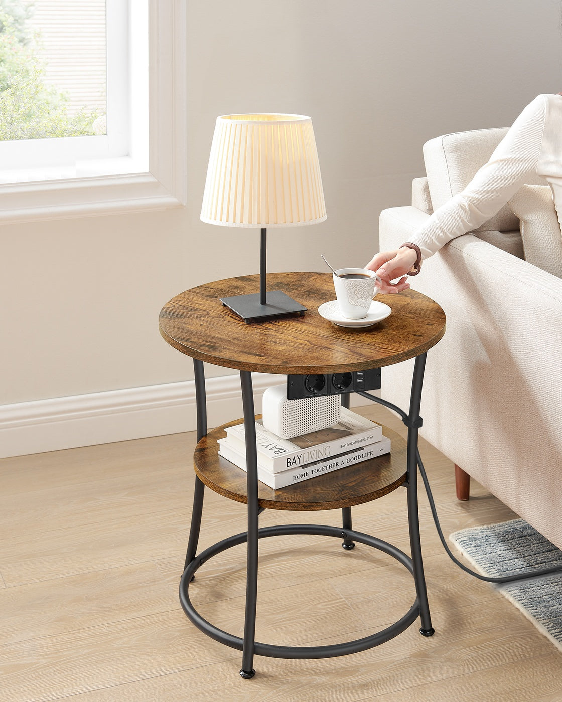 Runder Couchtisch Mit 2 Ebenen - Mit Steckdosenleiste - Für Wohnzimmer Und Schlafzimmer