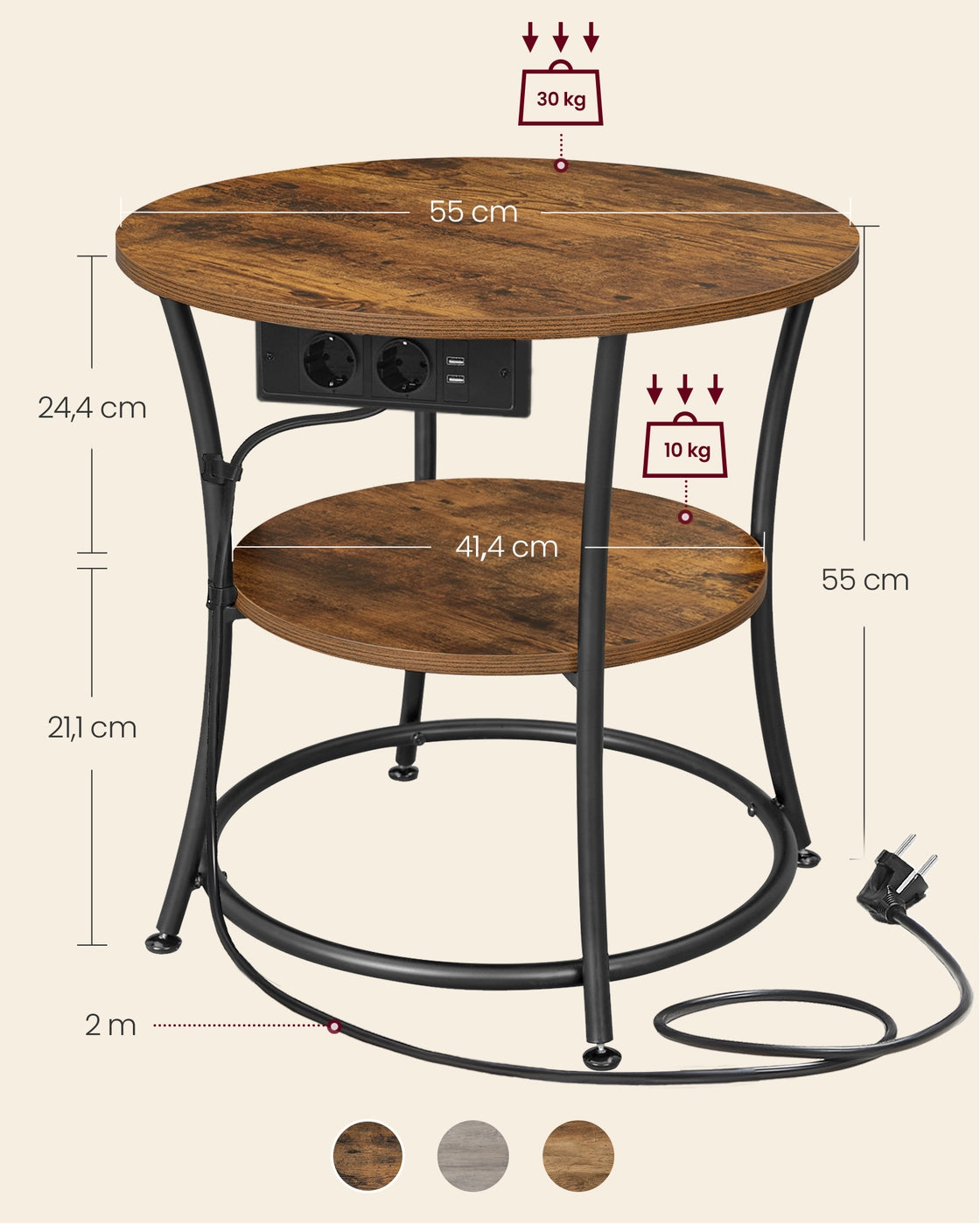 Runder Couchtisch Mit 2 Ebenen - Mit Steckdosenleiste - Für Wohnzimmer Und Schlafzimmer