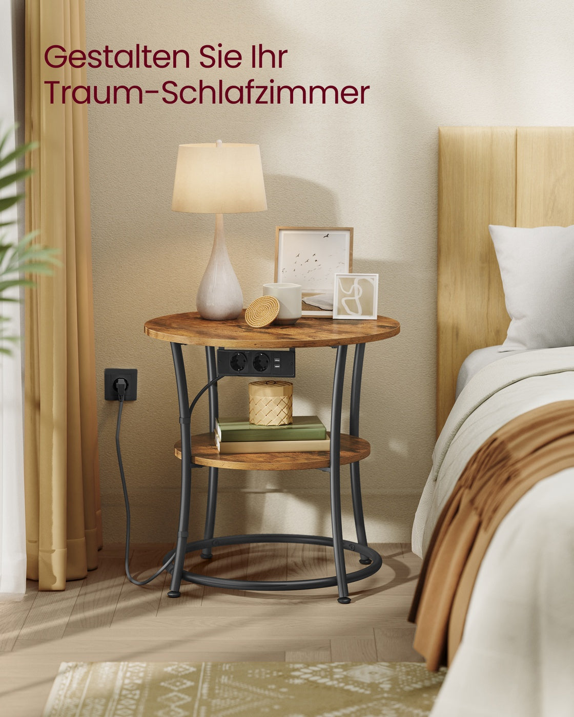Runder Couchtisch Mit 2 Ebenen - Mit Steckdosenleiste - Für Wohnzimmer Und Schlafzimmer