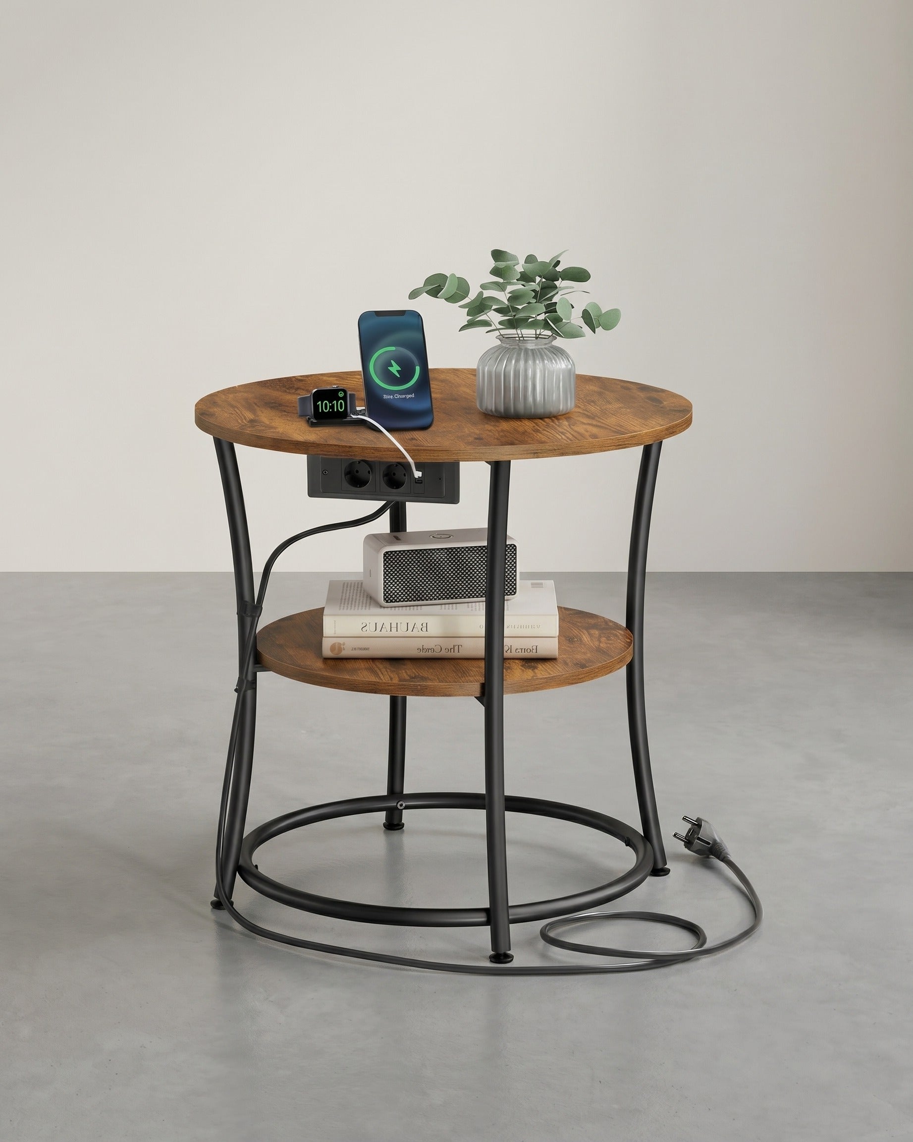 Runder Couchtisch Mit 2 Ebenen - Mit Steckdosenleiste - Für Wohnzimmer Und Schlafzimmer