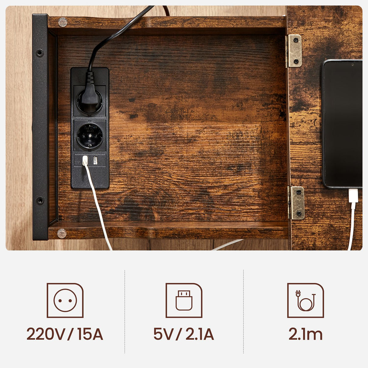 Beistelltisch mit Steckdosen und USB – Industrielles Design – 60 x 31,5 x 60 cm – Staufach & Stofftasche