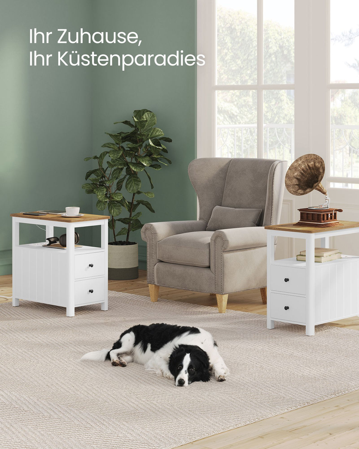 Nachttisch mit Steckdosen – Walnussoptik & Weiß