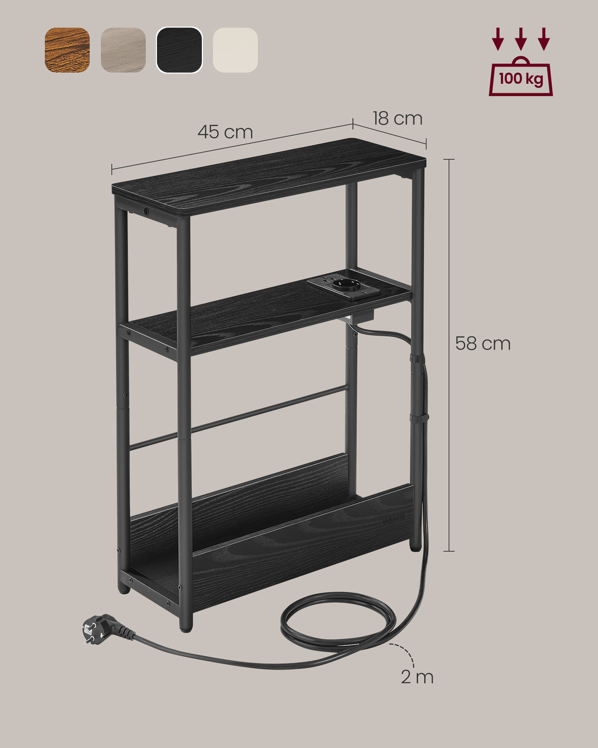 Beistelltisch schmal mit Ladefunktion – 3 Ablagen – Nachttisch / Sofatisch – für Wohnzimmer & Schlafzimmer