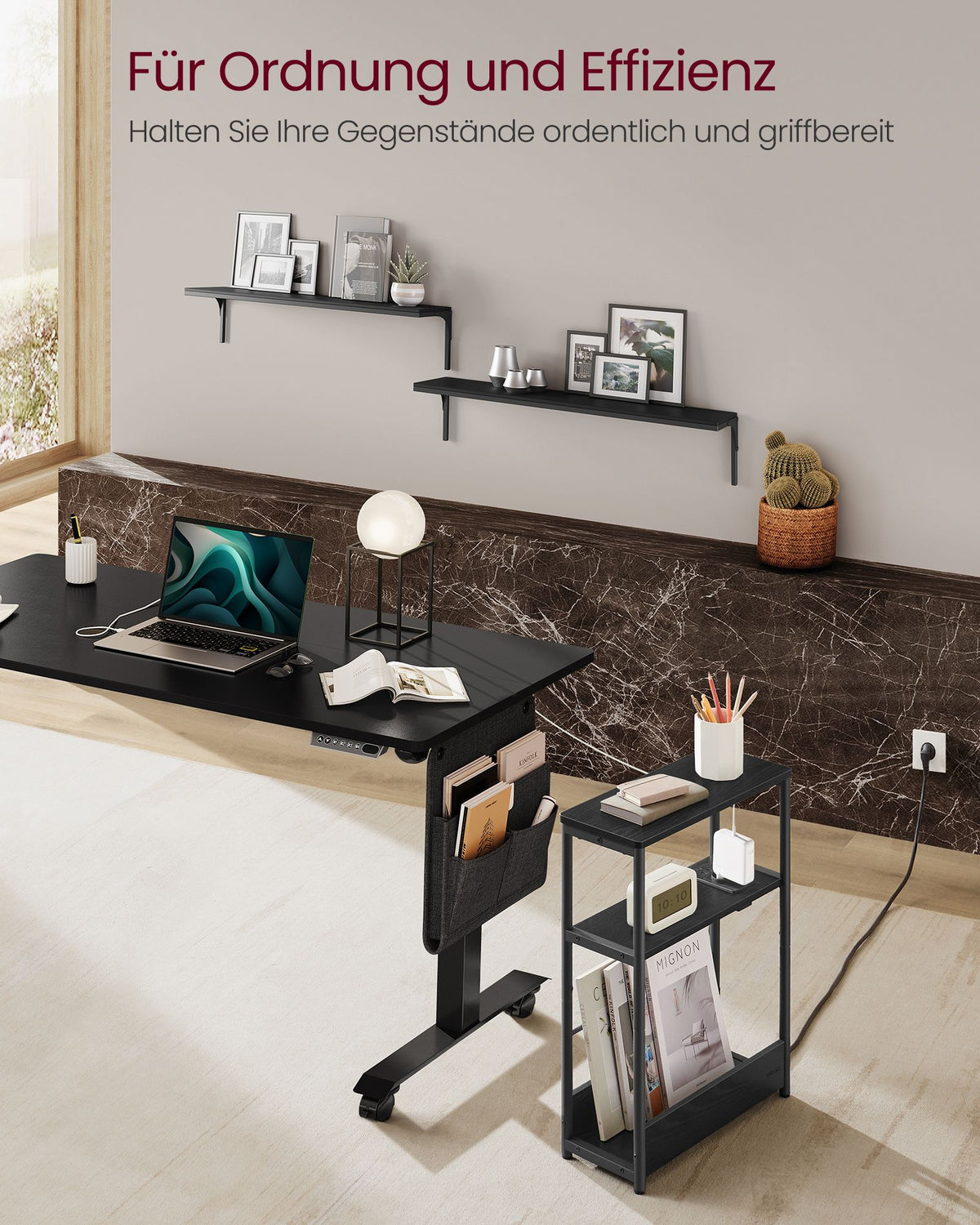 Beistelltisch schmal mit Ladefunktion – 3 Ablagen – Nachttisch / Sofatisch – für Wohnzimmer & Schlafzimmer