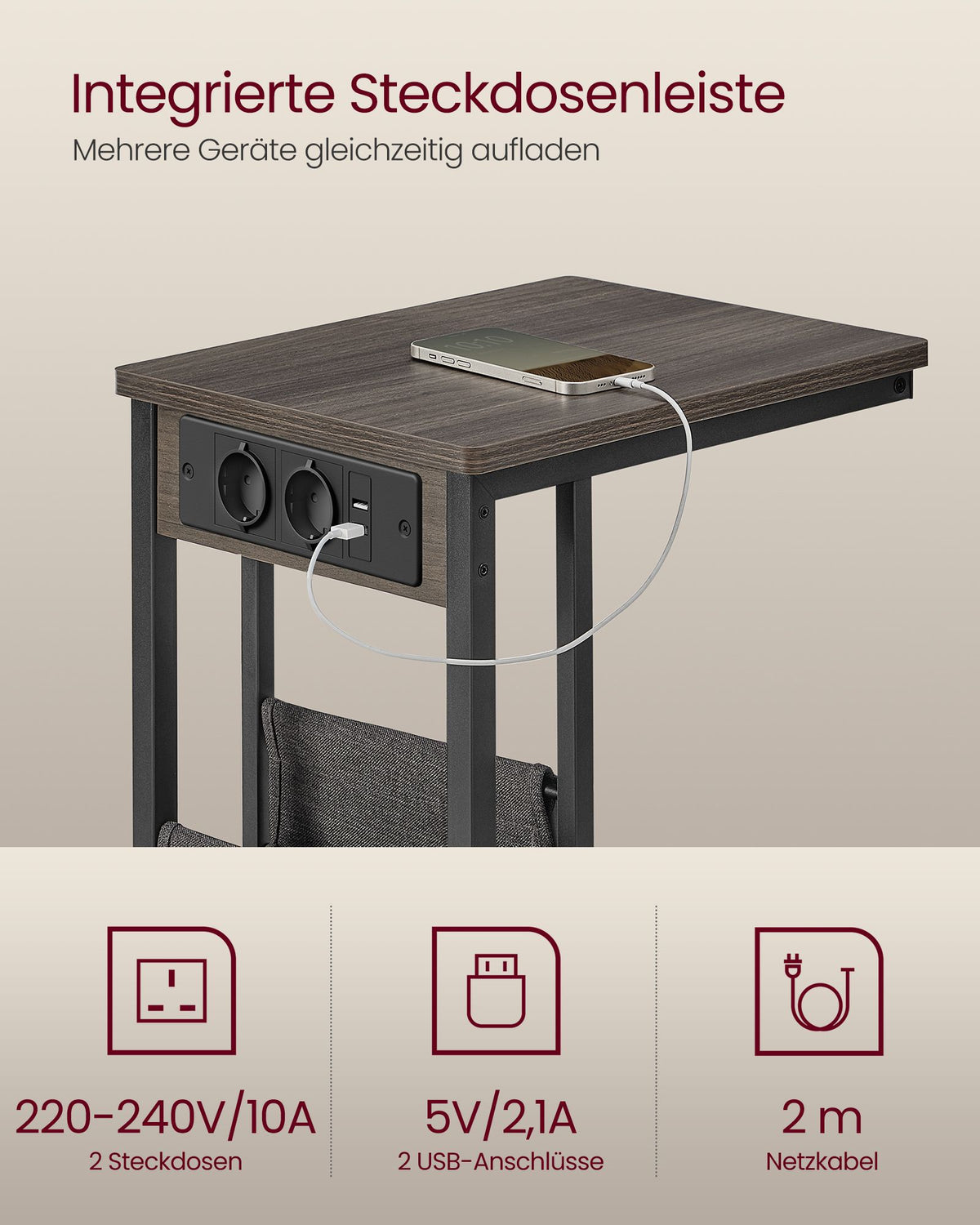 Beistelltisch mit Steckdose - Laptoptisch - C-Form