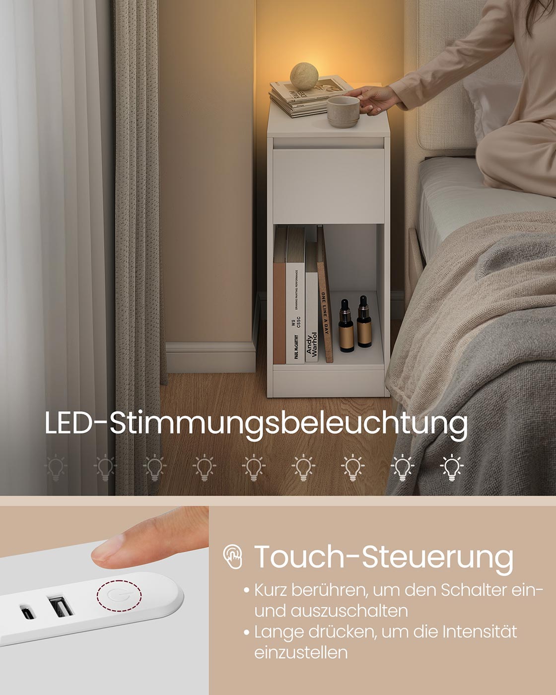 Nachttisch mit LED-Beleuchtung, USB-A & USB-C – Kompakt und funktional