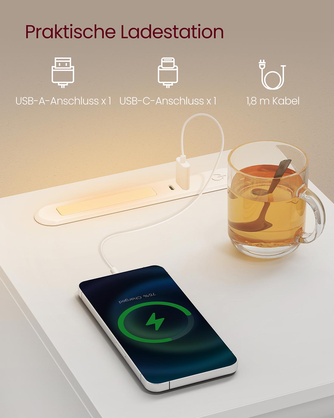 Nachttisch mit LED-Beleuchtung, USB-A & USB-C – Kompakt und funktional