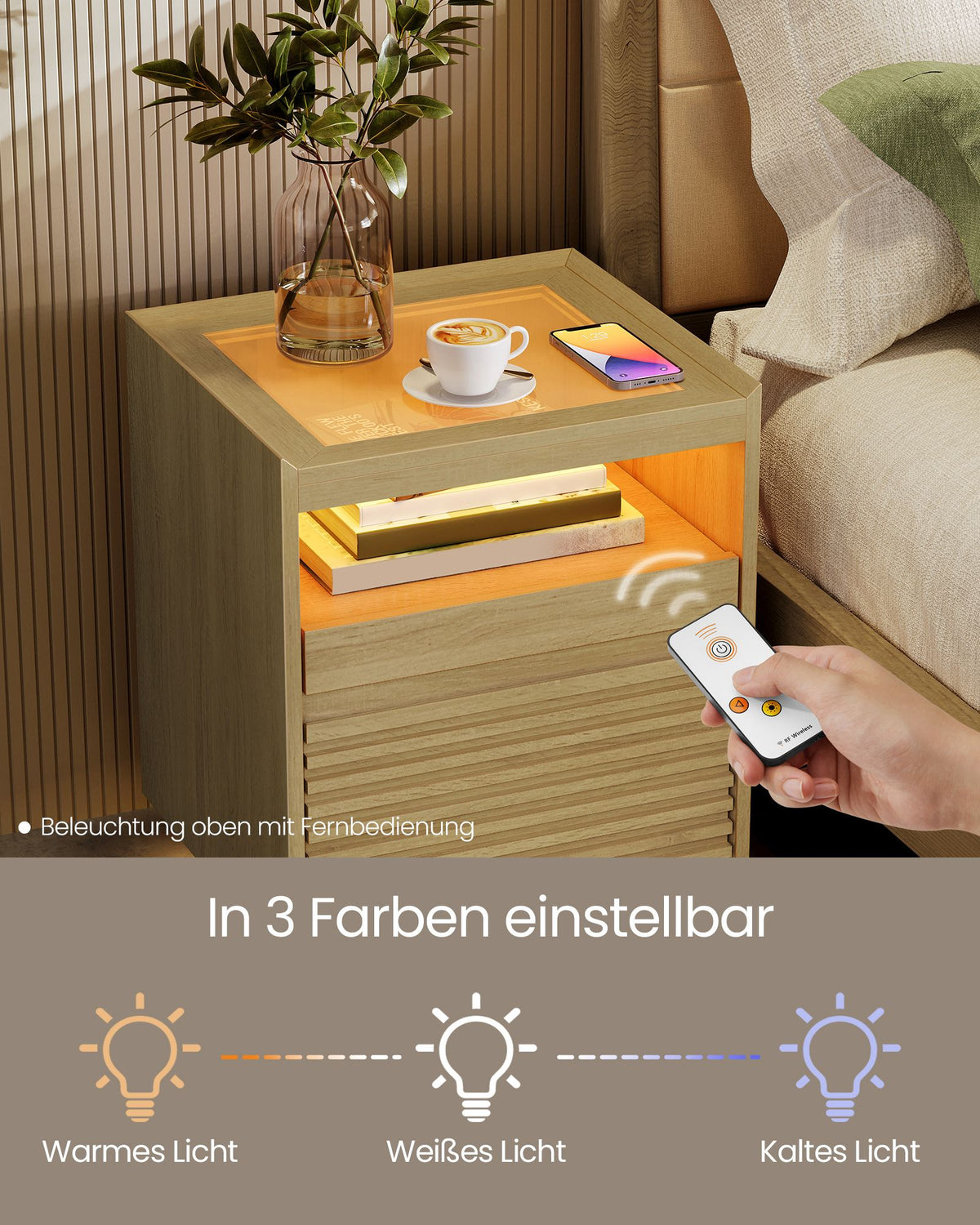 Nachttisch mit LED-Beleuchtung – Schublade & ausziehbare Ablage – Lamellen-Design – Natureiche