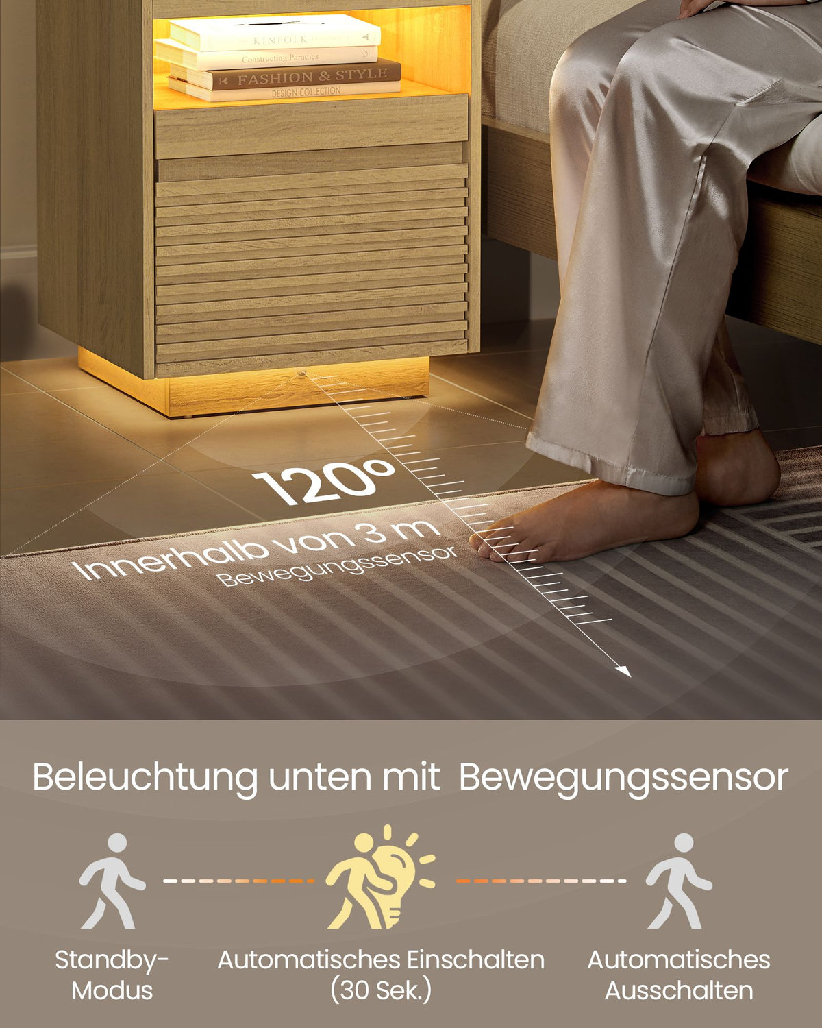Nachttisch mit LED-Beleuchtung – Schublade & ausziehbare Ablage – Lamellen-Design – Natureiche