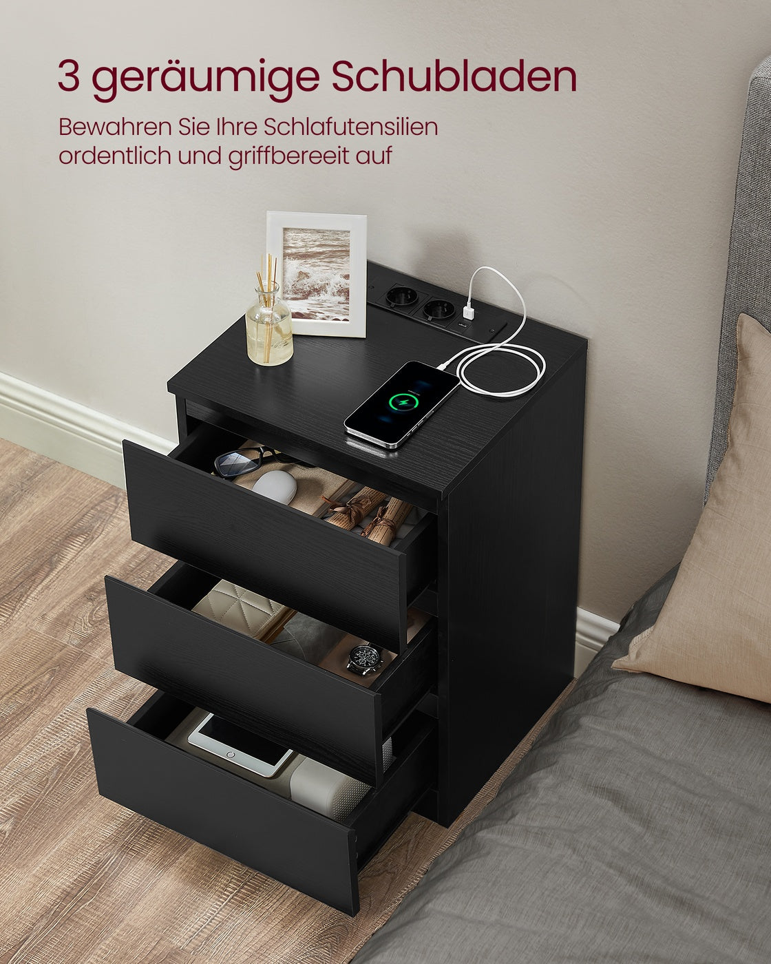 Beistelltisch mit Ladestation - Nachttisch mit USB-Anschluss - Schrank mit Steckdose