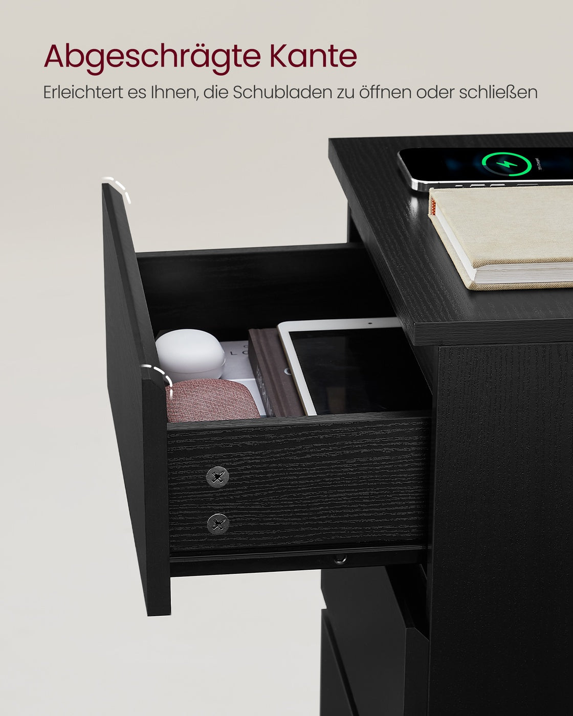 Beistelltisch mit Ladestation - Nachttisch mit USB-Anschluss - Schrank mit Steckdose