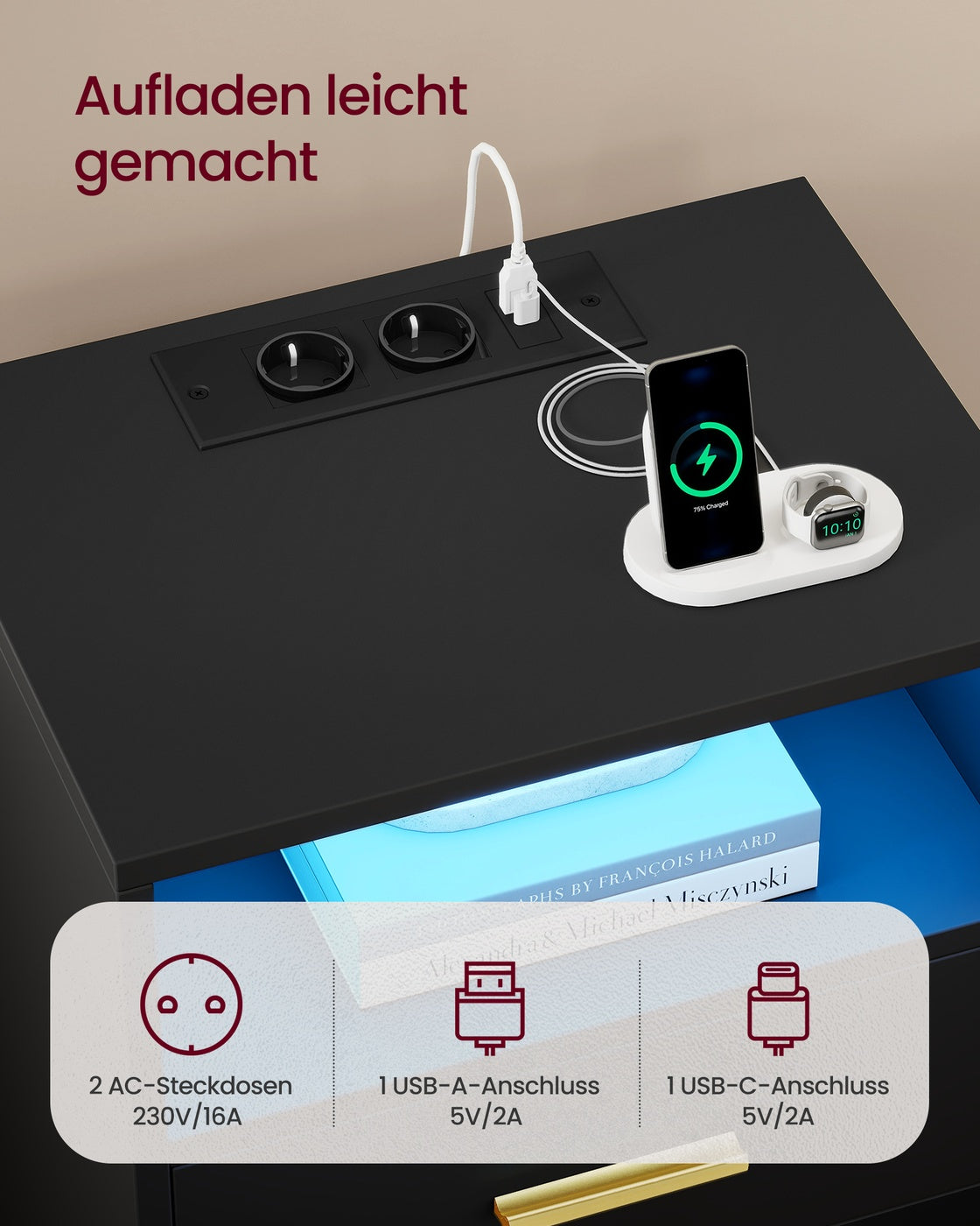 Nachttisch - Custos Kollektion - Ladestation - LED-Beleuchtung