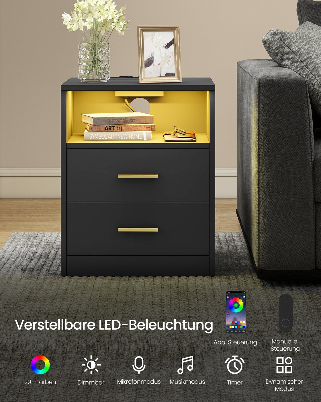 Nachttisch - Custos Kollektion - Ladestation - LED-Beleuchtung
