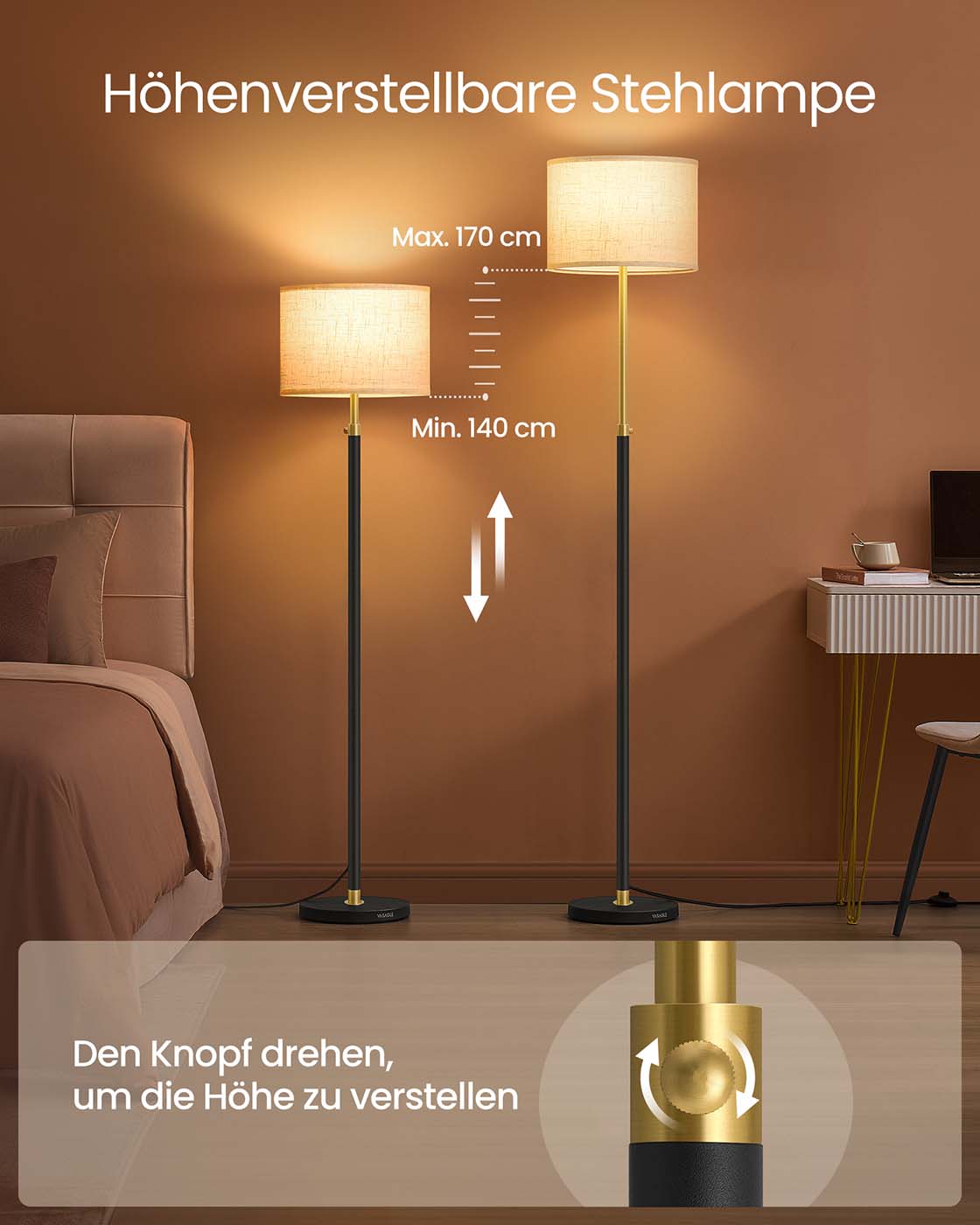 Stehlampe mit Stoffschirm – Höhenverstellbar – Inkl. LED-Leuchtmittel – Gold-Schwarz