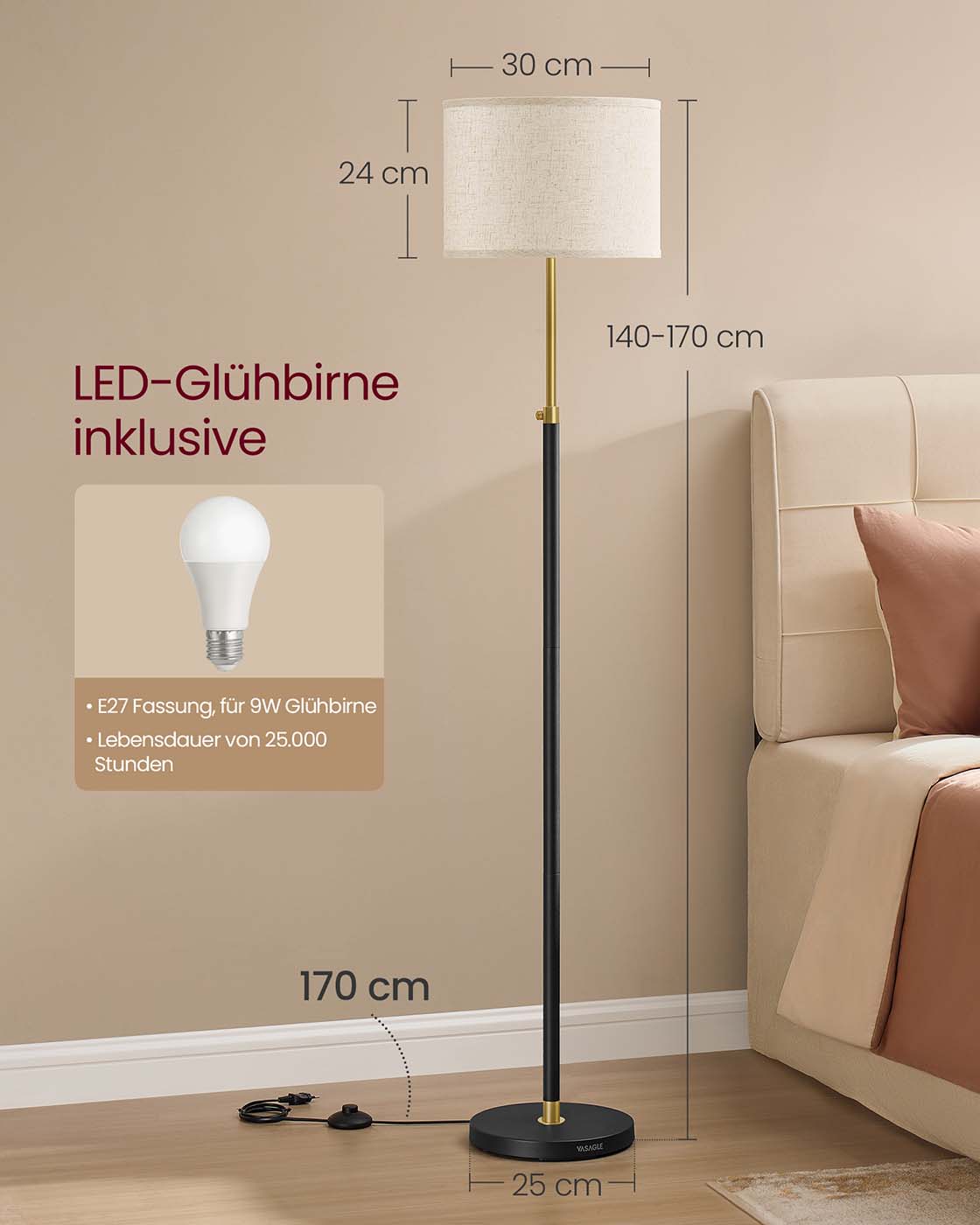 Stehlampe mit Stoffschirm – Höhenverstellbar – Inkl. LED-Leuchtmittel – Gold-Schwarz