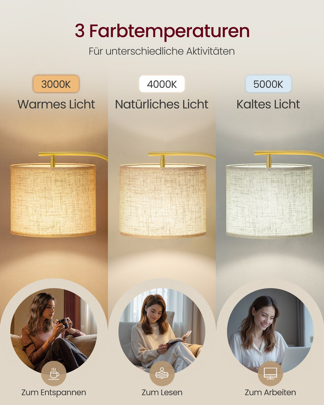 Bogenlampe Stehende Stehlampe – Verstellbar – Inkl. LED-Lampe (3 Lichtfarben) – für Wohnzimmer & Leseecke