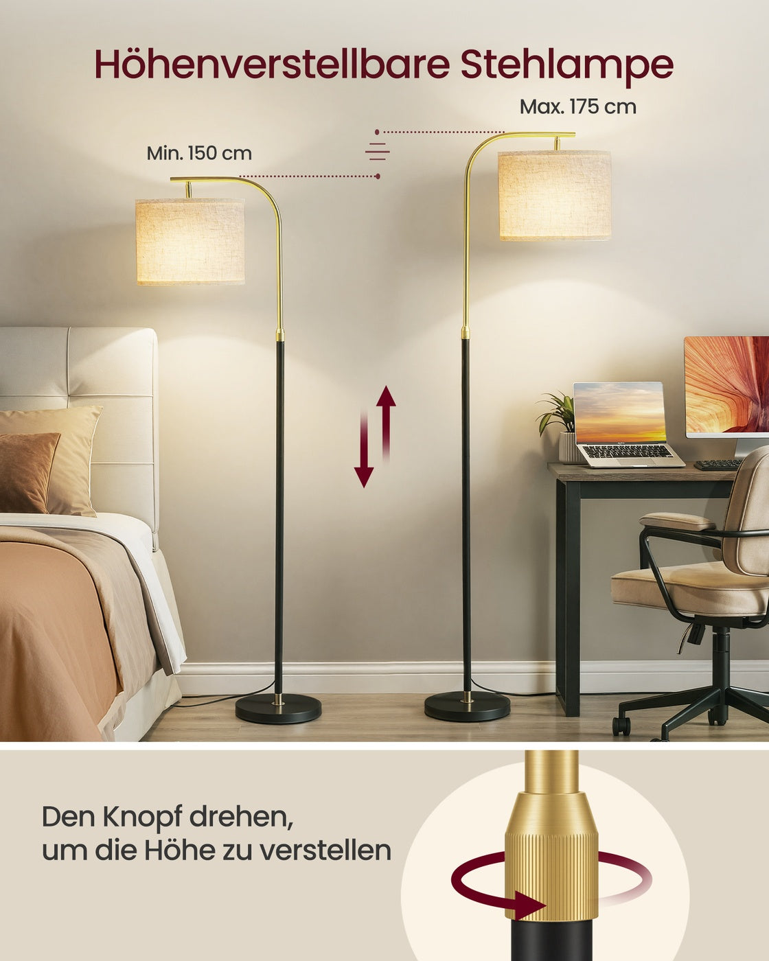 Bogenlampe Stehende Stehlampe – Verstellbar – Inkl. LED-Lampe (3 Lichtfarben) – für Wohnzimmer & Leseecke
