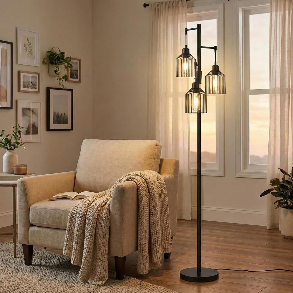 Stehlampe 3-Flammig – Höhenverstellbar – Industrielle Metallschirme – Stehleuchte 176 cm für Wohnzimmer