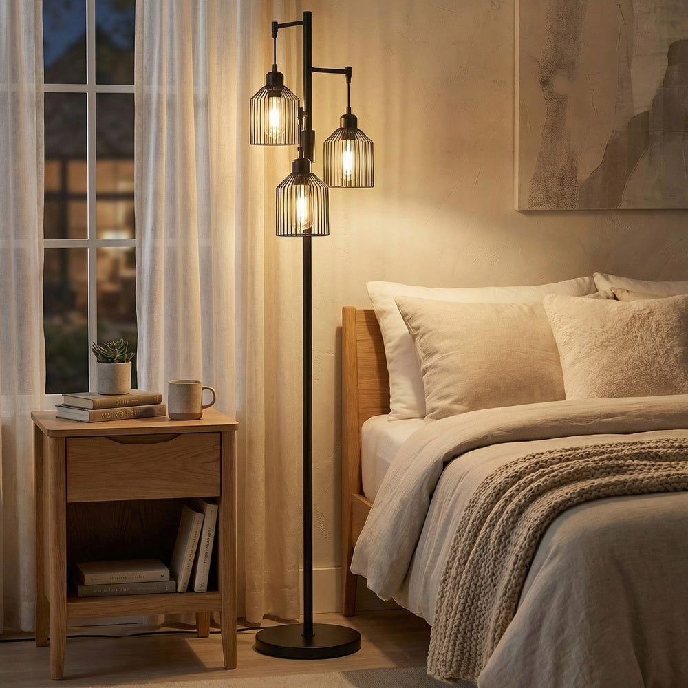 Stehlampe 3-Flammig – Höhenverstellbar – Industrielle Metallschirme – Stehleuchte 176 cm für Wohnzimmer