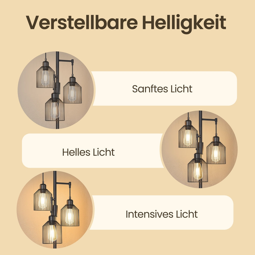 Stehlampe 3-Flammig – Höhenverstellbar – Industrielle Metallschirme – Stehleuchte 176 cm für Wohnzimmer