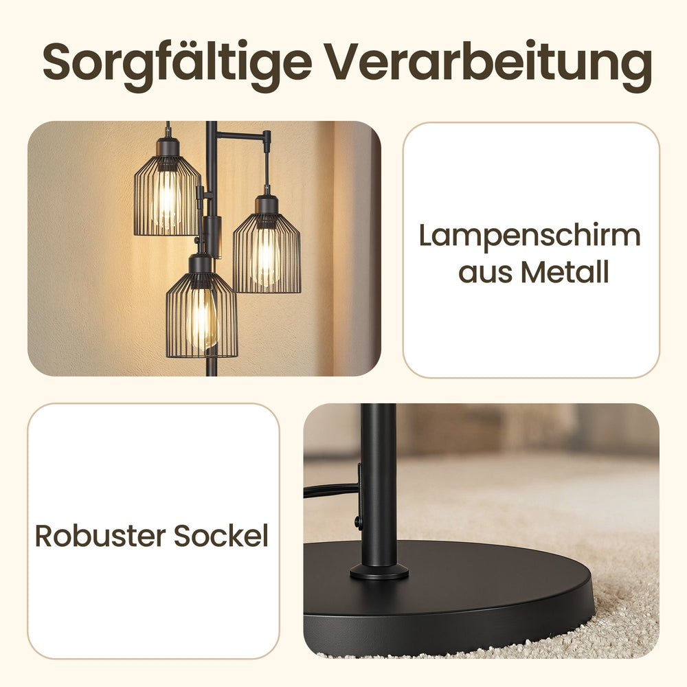 Stehlampe 3-Flammig – Höhenverstellbar – Industrielle Metallschirme – Stehleuchte 176 cm für Wohnzimmer