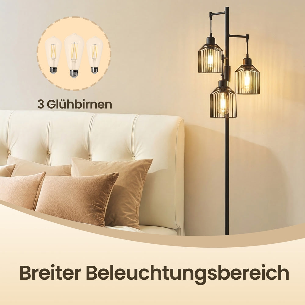 Stehlampe 3-Flammig – Höhenverstellbar – Industrielle Metallschirme – Stehleuchte 176 cm für Wohnzimmer