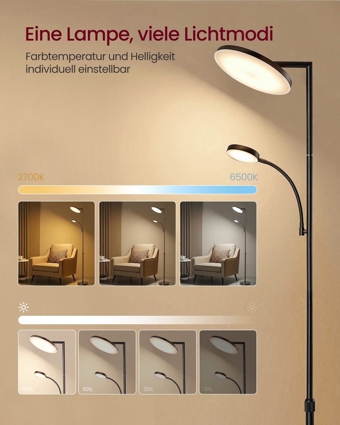 LED-Stehlampe Verstellbar - Dimmbare Stehleuchte Mit Fernbedienung - Leselampe Für Wohnzimmer Und Büro
