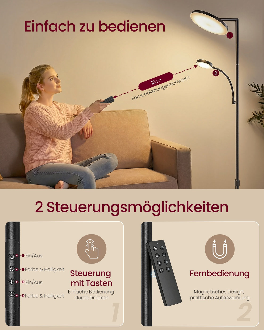LED-Stehlampe Verstellbar - Dimmbare Stehleuchte Mit Fernbedienung - Leselampe Für Wohnzimmer Und Büro