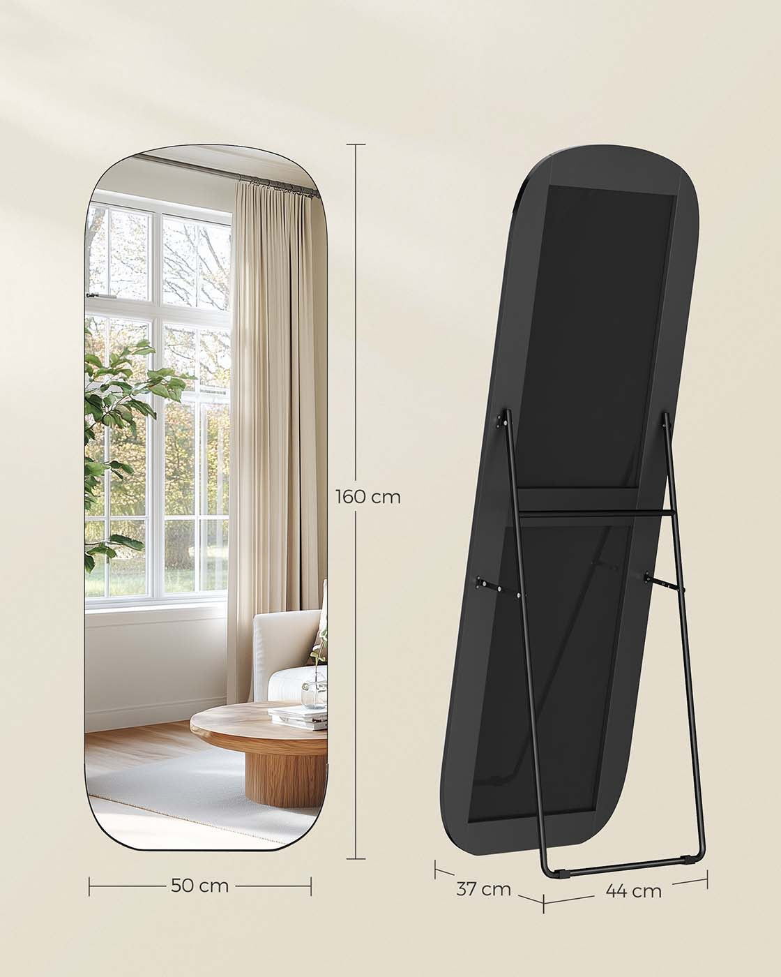 Standspiegel 160 x 50 cm – Gehärtetes Glas mit Aluminiumrahmen – Bruchsicher & Elegant